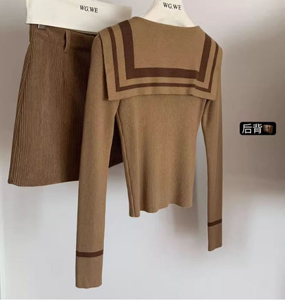 Sailor-Collar Ribbed Fitted Long-Sleeve Knit Pullover