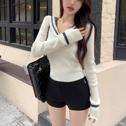 Sailor-Collar Ribbed Fitted Long-Sleeve Knit Pullover