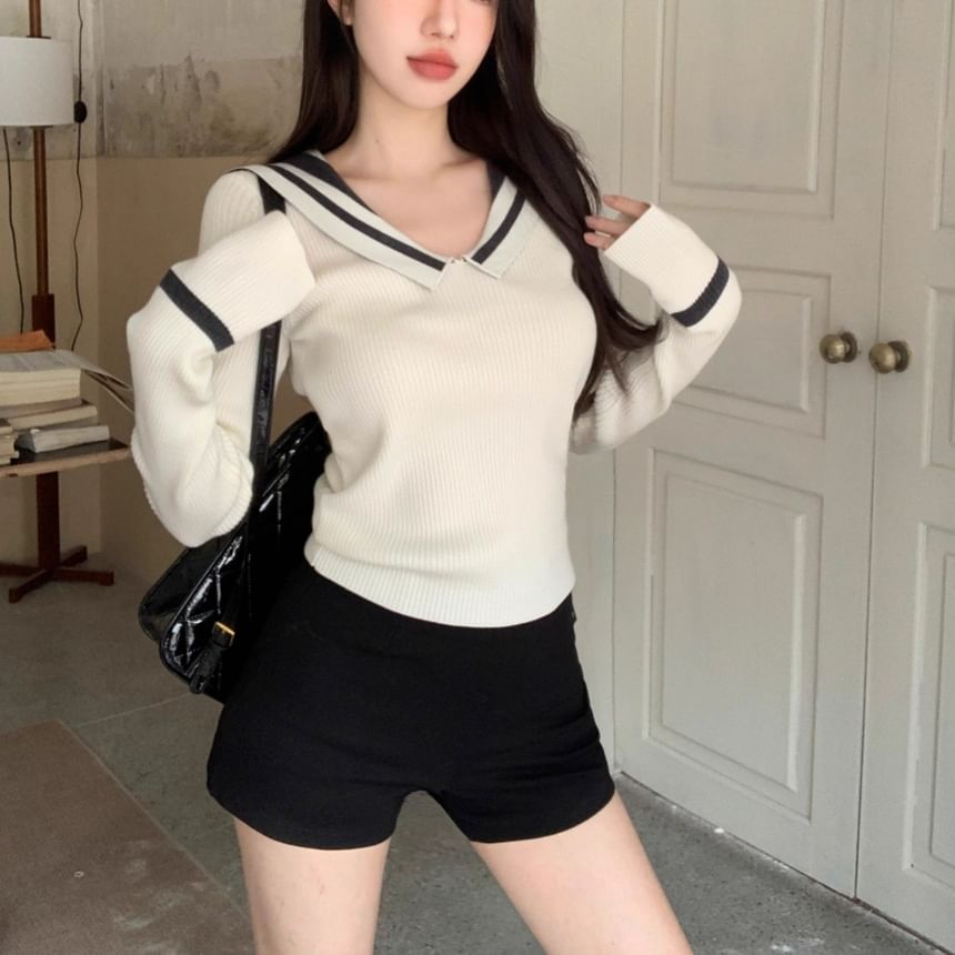 Sailor-Collar Ribbed Fitted Long-Sleeve Knit Pullover