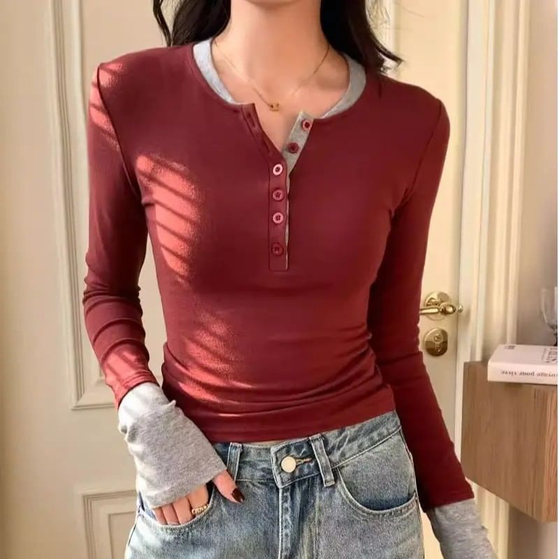 Slim-Fit Color-Block Henley Top with Mock Neck and Long Sleeves