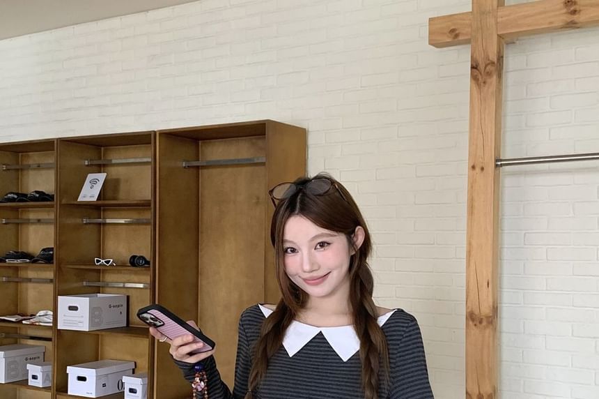 Peter Pan Collar Striped Fitted Long-Sleeve Blouse