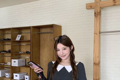 Peter Pan Collar Striped Fitted Long-Sleeve Blouse