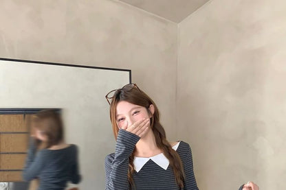 Peter Pan Collar Striped Fitted Long-Sleeve Blouse