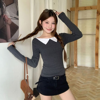 Peter Pan Collar Striped Fitted Long-Sleeve Blouse