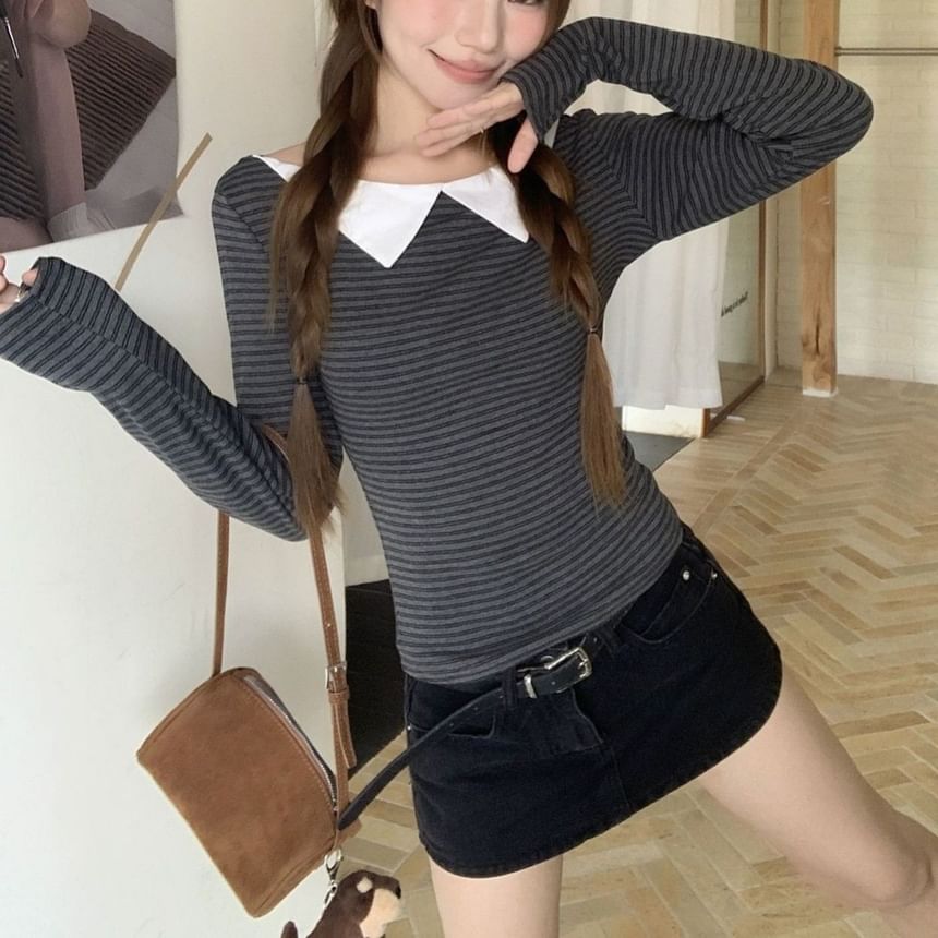Peter Pan Collar Striped Fitted Long-Sleeve Blouse