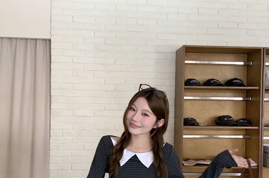 Peter Pan Collar Striped Fitted Long-Sleeve Blouse