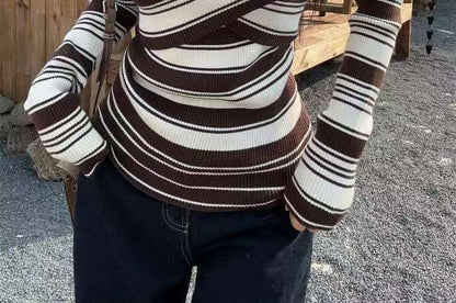 Off-Shoulder Striped Fitted Long-Sleeve Knit Pullover