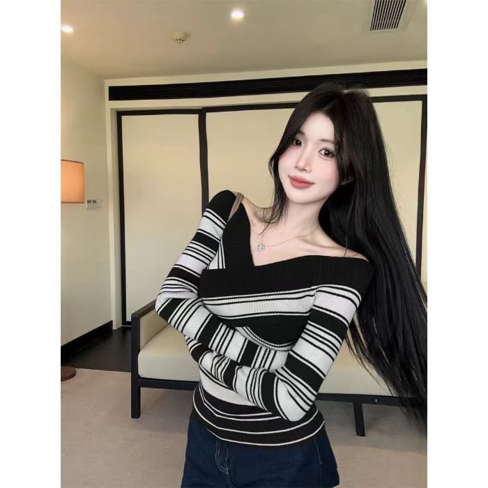 Off-Shoulder Striped Fitted Long-Sleeve Knit Pullover