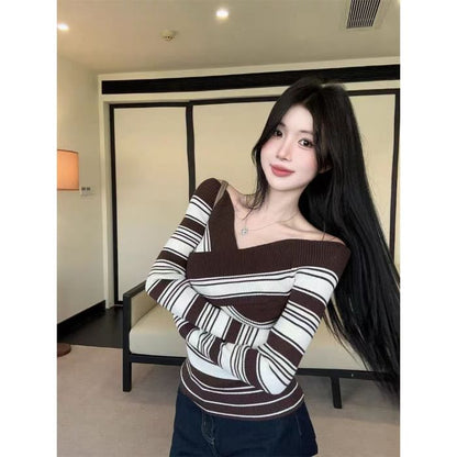 Off-Shoulder Striped Fitted Long-Sleeve Knit Pullover