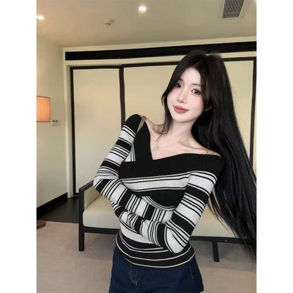 Off-Shoulder Striped Fitted Long-Sleeve Knit Pullover