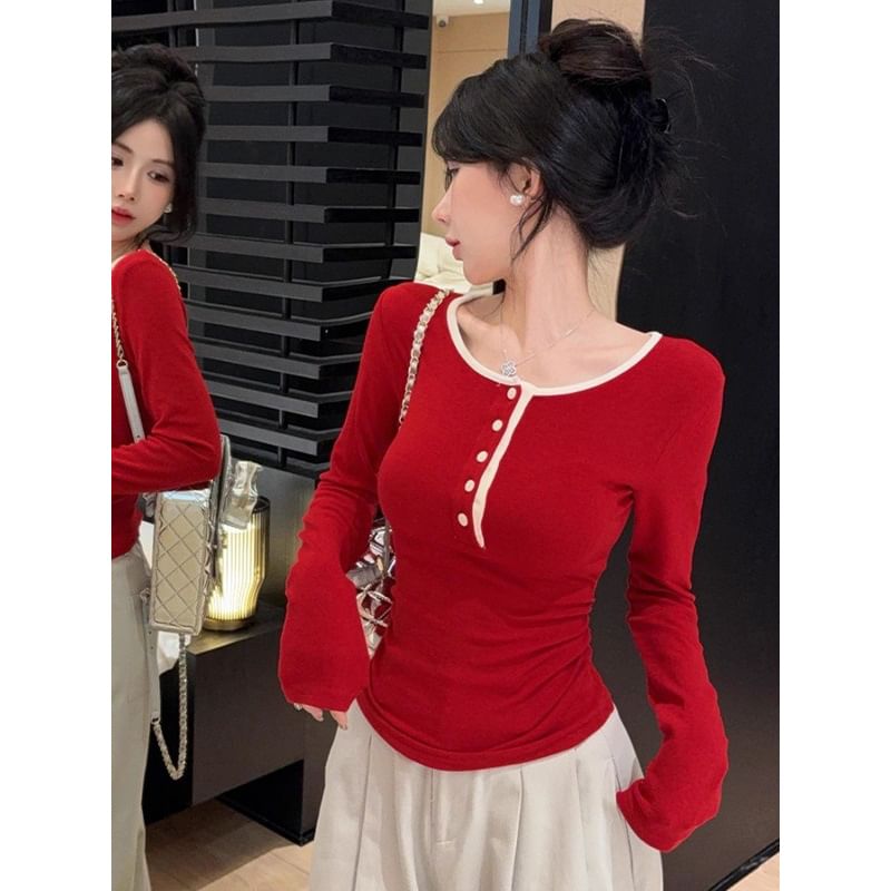 Contrast-Trim Half-Button Fitted Long-Sleeve Tee