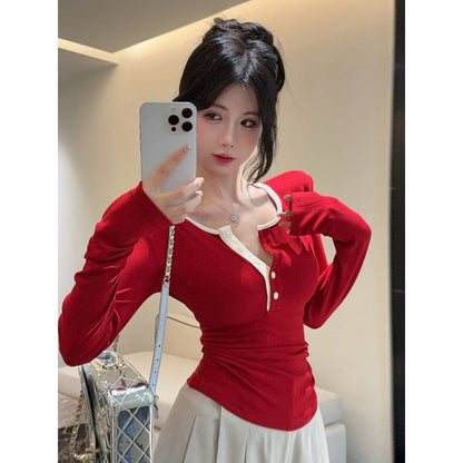 Contrast-Trim Half-Button Fitted Long-Sleeve Tee