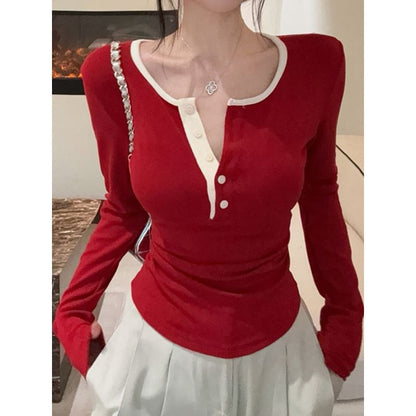 Contrast-Trim Half-Button Fitted Long-Sleeve Tee