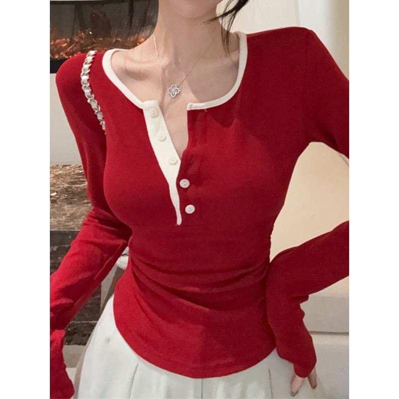 Contrast-Trim Half-Button Fitted Long-Sleeve Tee