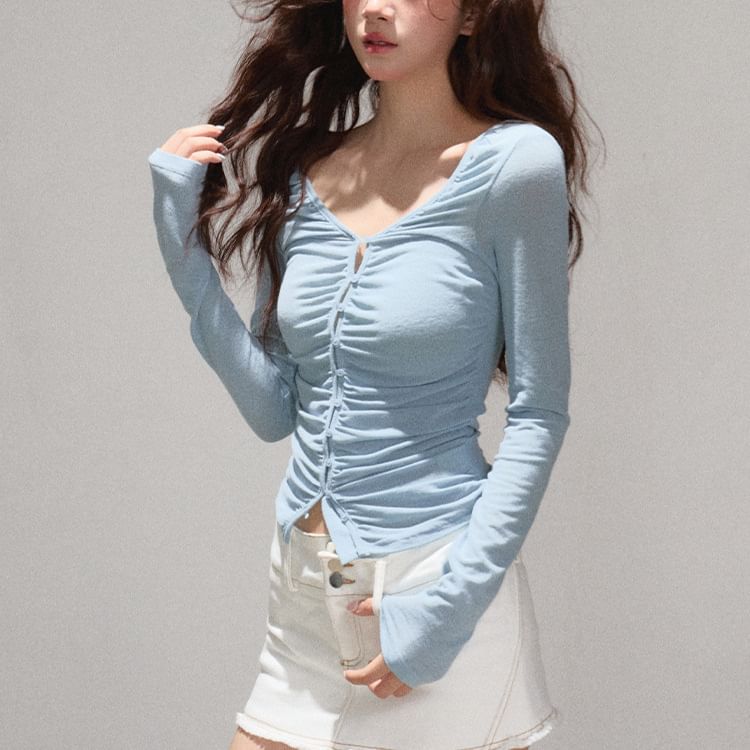 Ruched V-Neck Fitted Cropped Long-Sleeve Solid Top