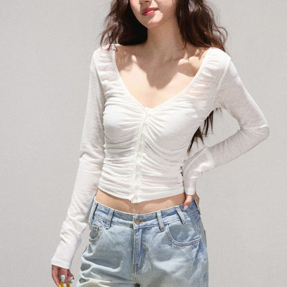 Ruched V-Neck Fitted Cropped Long-Sleeve Solid Top