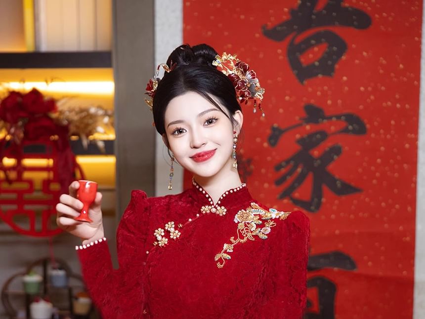 Long Sleeve Mandarin Collar Floral Embroidered Beaded Maxi Mermaid Cocktail Dress