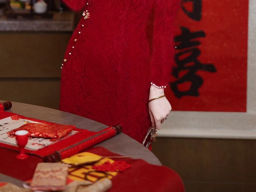 Long Sleeve Mandarin Collar Floral Embroidered Beaded Maxi Mermaid Cocktail Dress