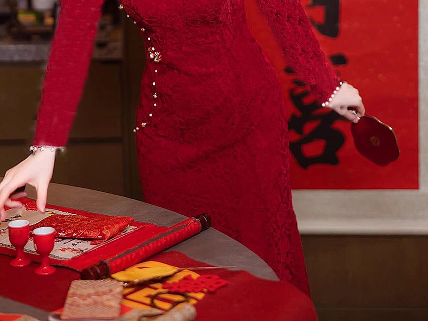 Long Sleeve Mandarin Collar Floral Embroidered Beaded Maxi Mermaid Cocktail Dress