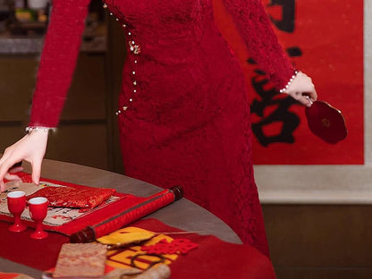 Long Sleeve Mandarin Collar Floral Embroidered Beaded Maxi Mermaid Cocktail Dress