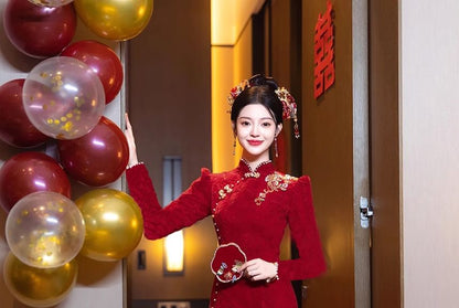 Long Sleeve Mandarin Collar Floral Embroidered Beaded Maxi Mermaid Cocktail Dress