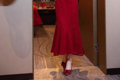 Long Sleeve Mandarin Collar Floral Embroidered Beaded Maxi Mermaid Cocktail Dress