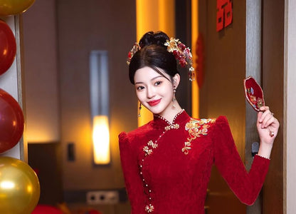 Long Sleeve Mandarin Collar Floral Embroidered Beaded Maxi Mermaid Cocktail Dress