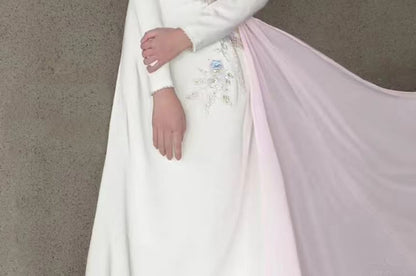 Long Sleeve Mandarin Collar Beaded Floral Embroidered A-Line Evening Gown