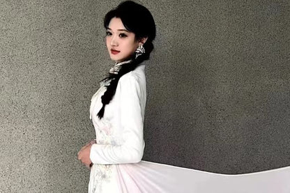 Long Sleeve Mandarin Collar Beaded Floral Embroidered A-Line Evening Gown