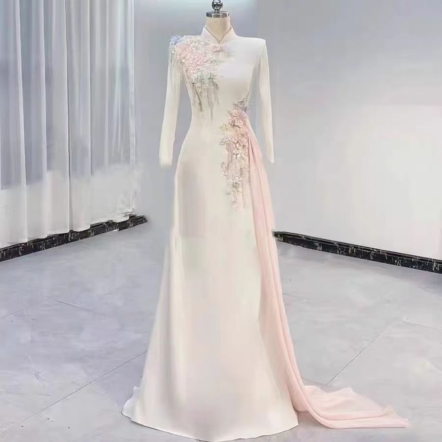 Long Sleeve Mandarin Collar Beaded Floral Embroidered A-Line Evening Gown