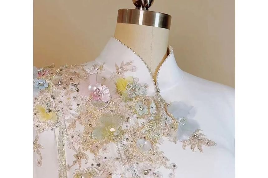 Long Sleeve Mandarin Collar Beaded Floral Embroidered A-Line Evening Gown