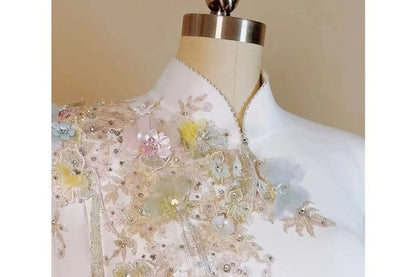 Long Sleeve Mandarin Collar Beaded Floral Embroidered A-Line Evening Gown