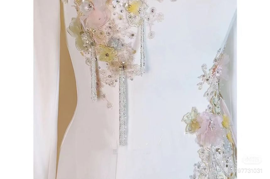 Long Sleeve Mandarin Collar Beaded Floral Embroidered A-Line Evening Gown