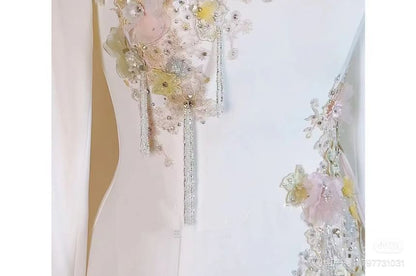 Long Sleeve Mandarin Collar Beaded Floral Embroidered A-Line Evening Gown