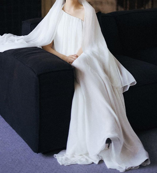 Long Sleeve One Shoulder Plain Gathered Panel A-Line Wedding Gown