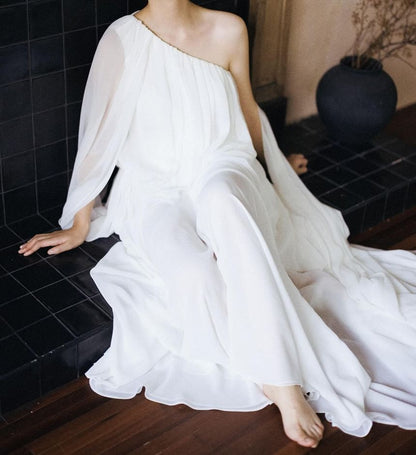 Long Sleeve One Shoulder Plain Gathered Panel A-Line Wedding Gown