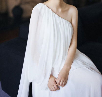 Long Sleeve One Shoulder Plain Gathered Panel A-Line Wedding Gown