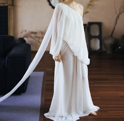 Long Sleeve One Shoulder Plain Gathered Panel A-Line Wedding Gown