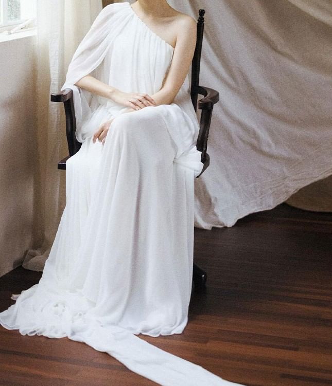 Long Sleeve One Shoulder Plain Gathered Panel A-Line Wedding Gown