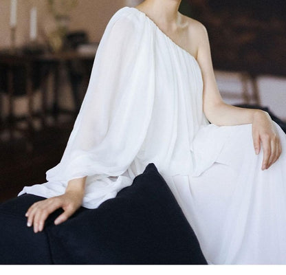 Long Sleeve One Shoulder Plain Gathered Panel A-Line Wedding Gown