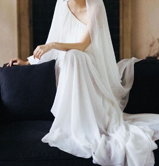 Long Sleeve One Shoulder Plain Gathered Panel A-Line Wedding Gown