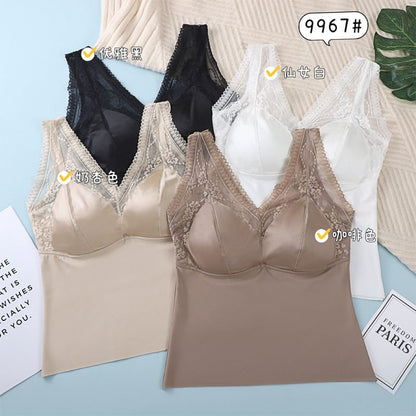 Padded Satin Crop Tank with Lace Panel and V-Neck