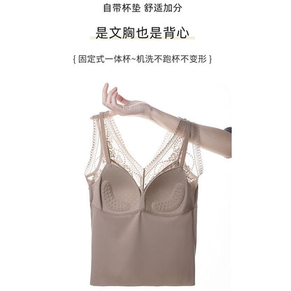 Padded Satin Crop Tank with Lace Panel and V-Neck