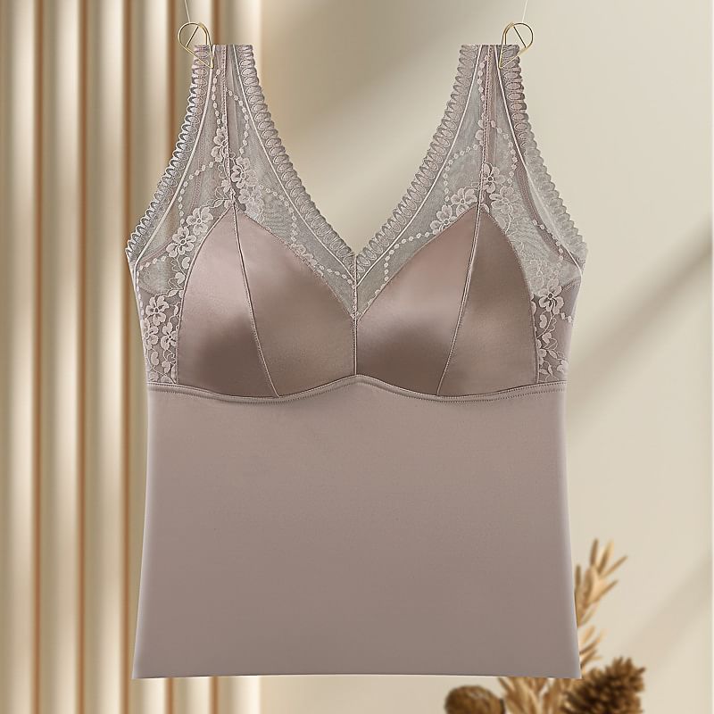 Padded Satin Crop Tank with Lace Panel and V-Neck