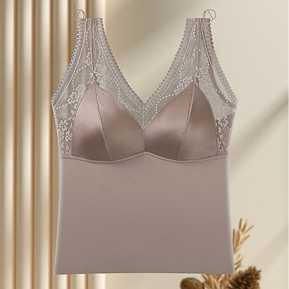 Padded Satin Crop Tank with Lace Panel and V-Neck