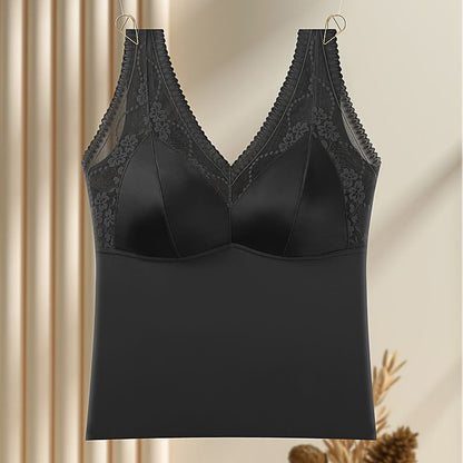 Padded Satin Crop Tank with Lace Panel and V-Neck