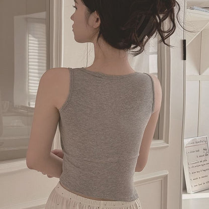 Asymmetrical Lace Trim Padded Crop Tank with V-Neck