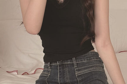 Asymmetrical Lace Trim Padded Crop Tank with V-Neck