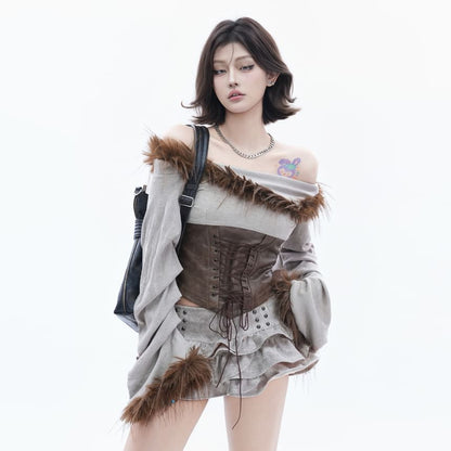 Trendy Off-Shoulder Faux Leather Trim Crop Top with Fluffy Lace-Up Detail