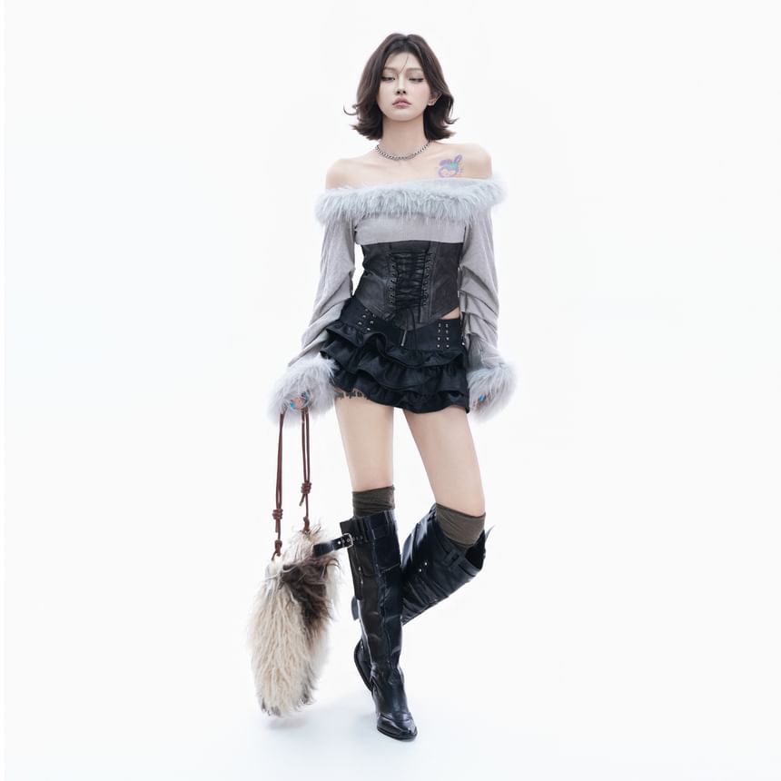 Trendy Off-Shoulder Faux Leather Trim Crop Top with Fluffy Lace-Up Detail